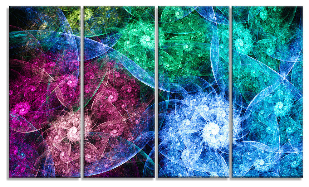 Multi Color Bright Exotic Flowers, Abstract Wall Art Canvas, 48"x28", 4 Panels