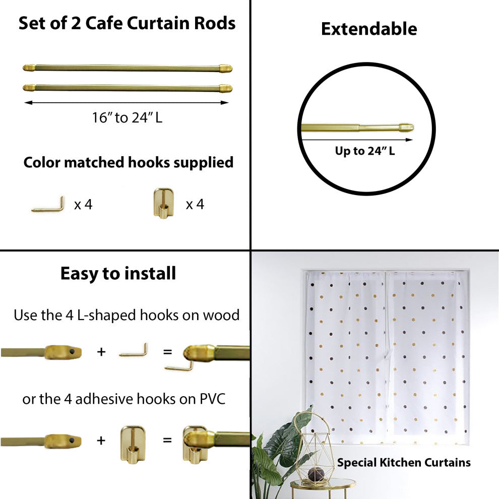 Bundle 2 Cafe Curtain Rods and 4 Self Adhesive Hooks, Gold Plated, 16" to 24"