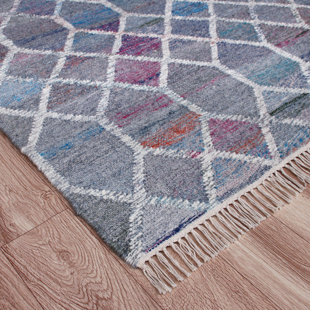 Multicolored Mosaic Lattice Handwoven Wool Dhurrie Area Rug, 2' X 3'