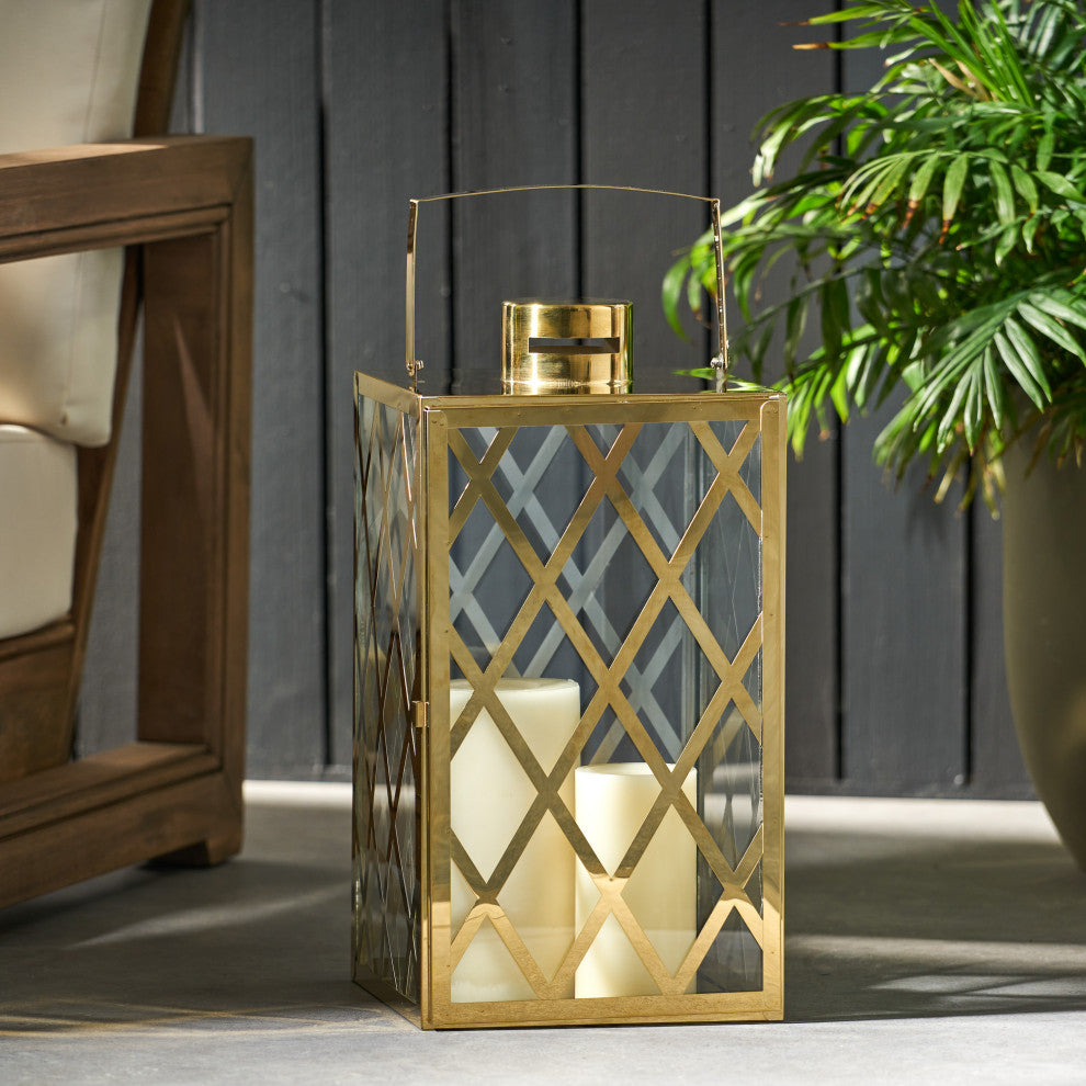 Cecil Outdoor 18" Modern Stainless Steel Lantern, Gold