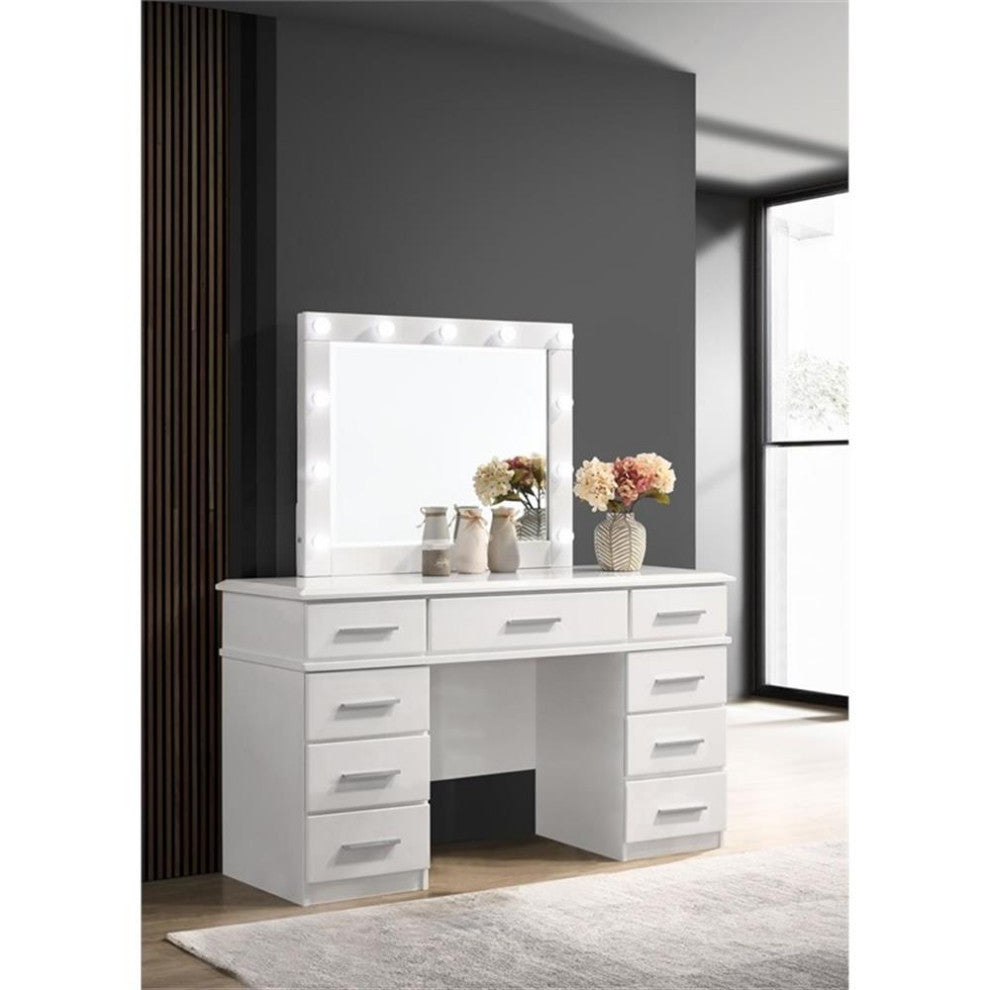Coaster Felicity 9-drawer Wood Vanity Desk with Lighted Mirror Glossy White