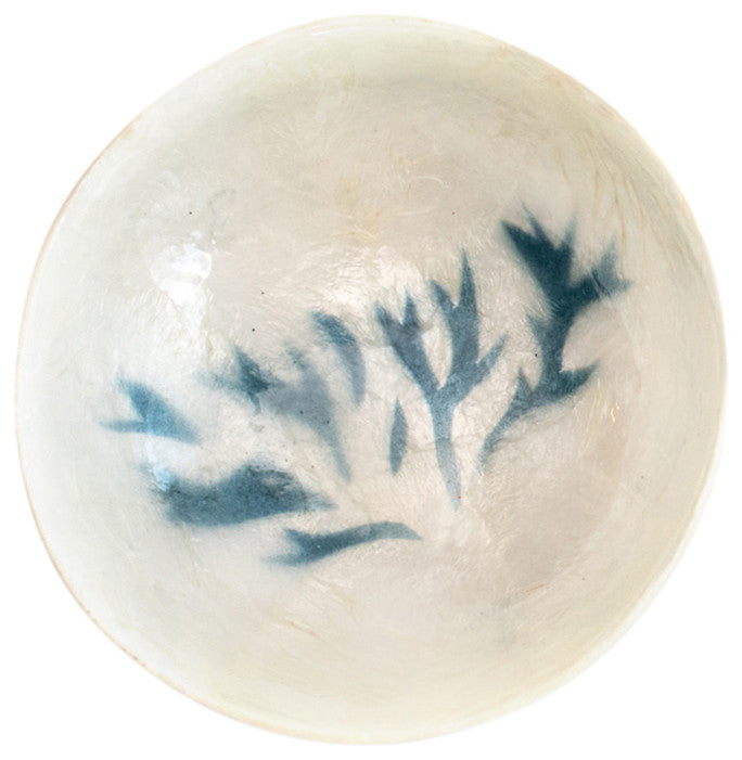 3.5" Round Capiz Bowl, Coral Design, Blue and Natural, Set of 2