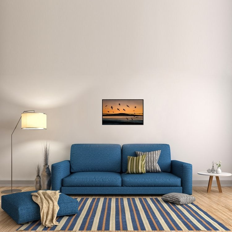 "Fly-In At Sunset" Framed Canvas Giclee by Shenshen Dou, 31x19"