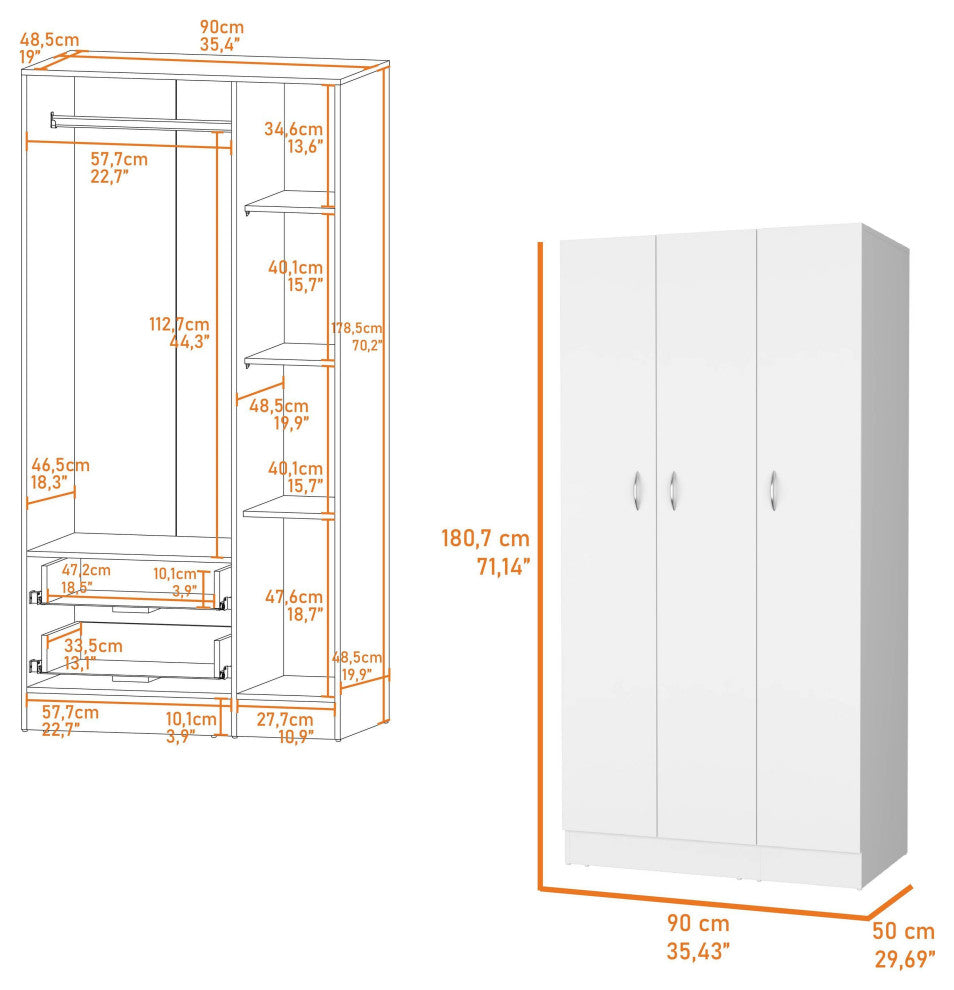 Casper Wardrobe with 2-Drawers, Hanging Rod and 3-Doors