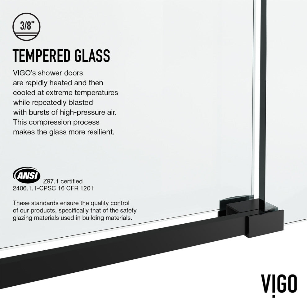 VIGO Elan Hart 56" to 60" W x 76" H Frameless Sliding Shower Door, Matte Black, Clear Glass