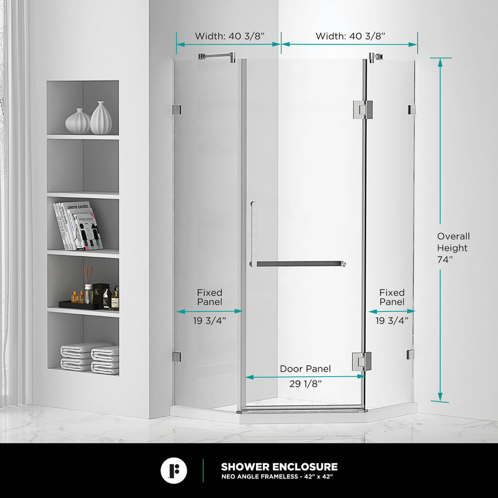 Shower Enclosure Neo Angle Frameless Tempered Glass, Polished Chrome, 40" X 40"