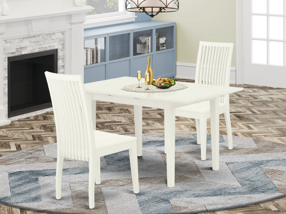 3Pc Dining Set 2 Dining Chairs, Butterfly Leaf Wood Dining Table, Linen White