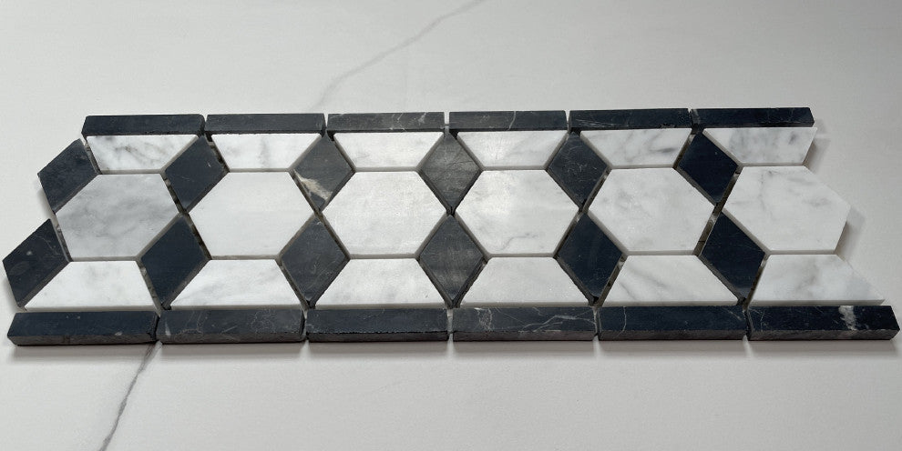 Carrara White Marble Hexagon Mosaic Border Listello Tile Honed 2", 1 sheet