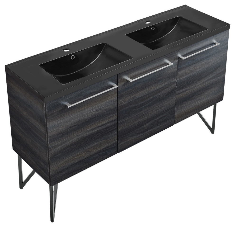 Annecy 60" Black Walnut, Double Basin Bathroom Vanity With Black Sink Top