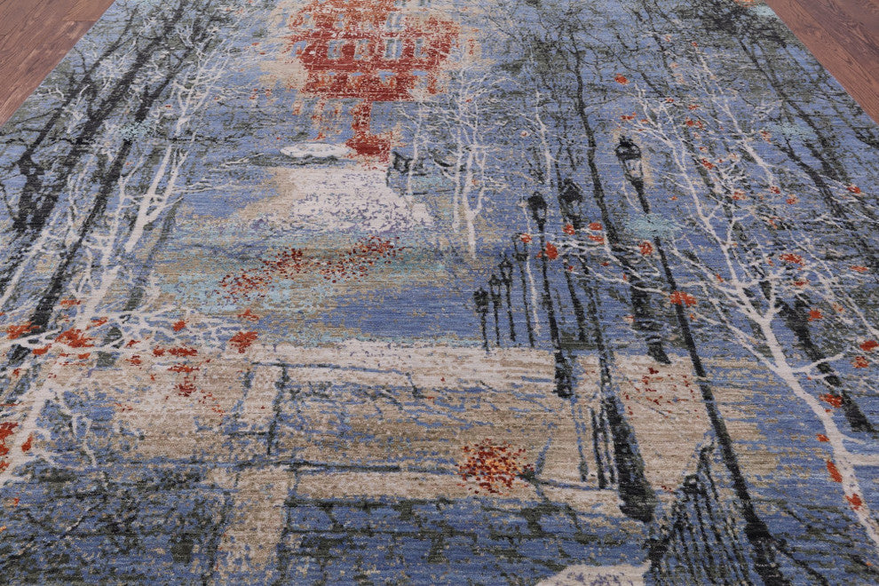 8' 0" X 9' 11" Modern Urban Design Wool and Silk Hand Knotted Rug Q7181