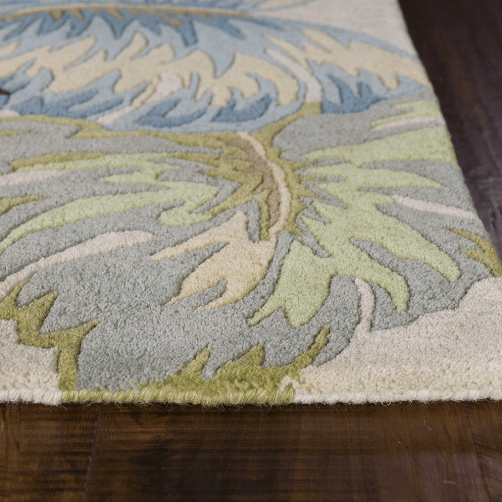 3'X4' Ivory Blue Hand Tufted Tropical Leaves Indoor Area Rug