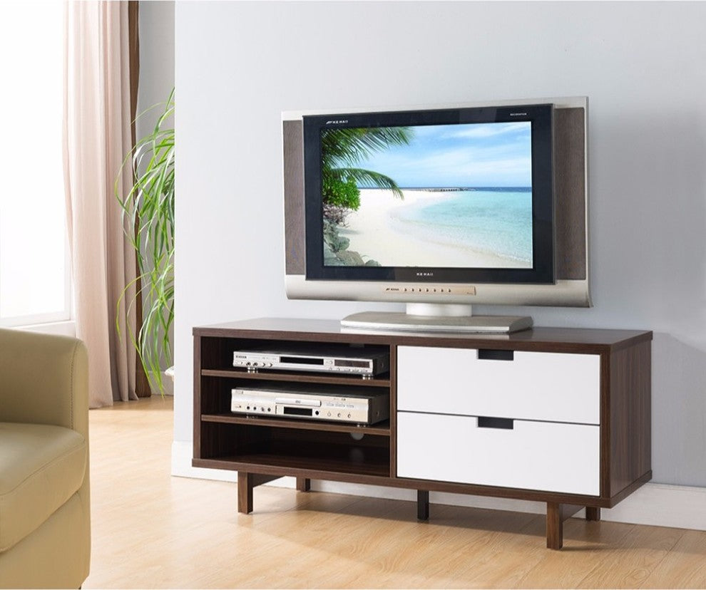 Two Toned Compact TV Stand With Display Decks, Dark Brown and White