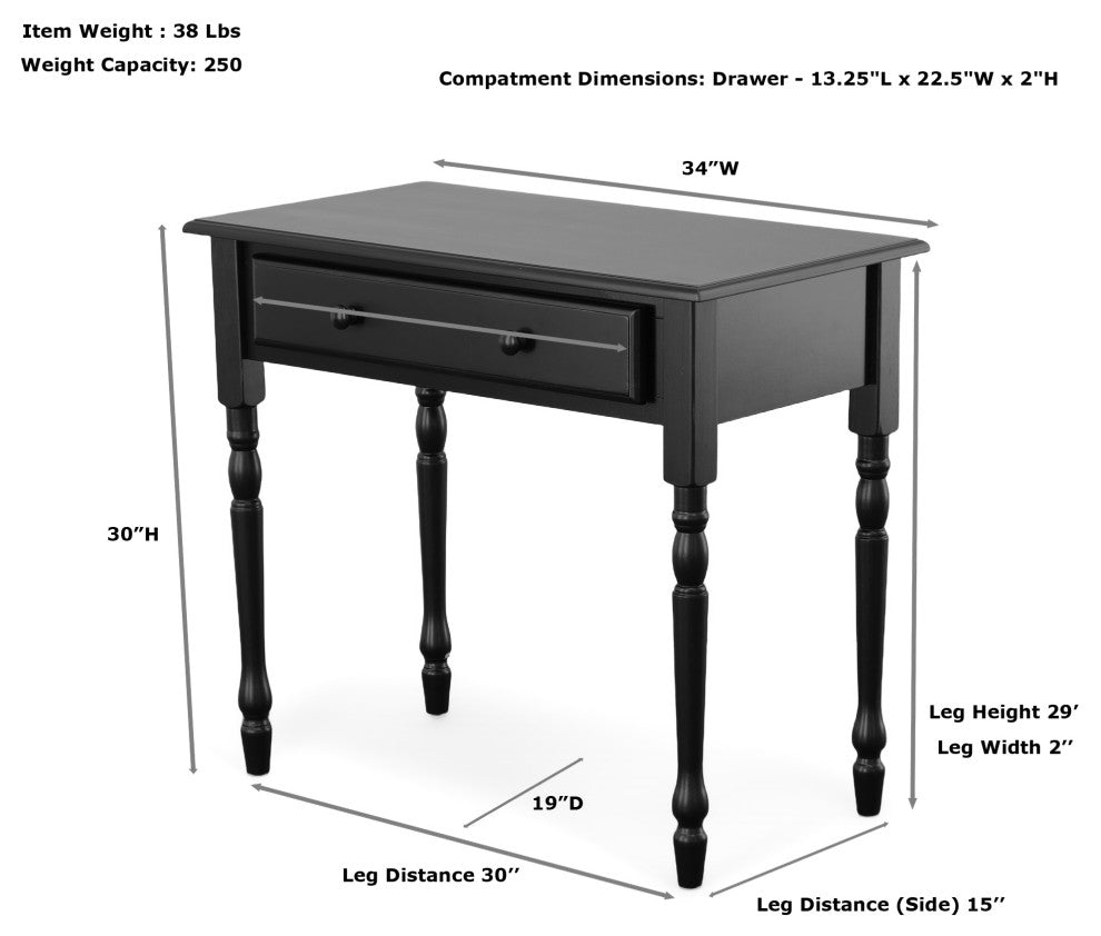 Grace Desk With Elegant Trned Legs And Drawer, Antique Black