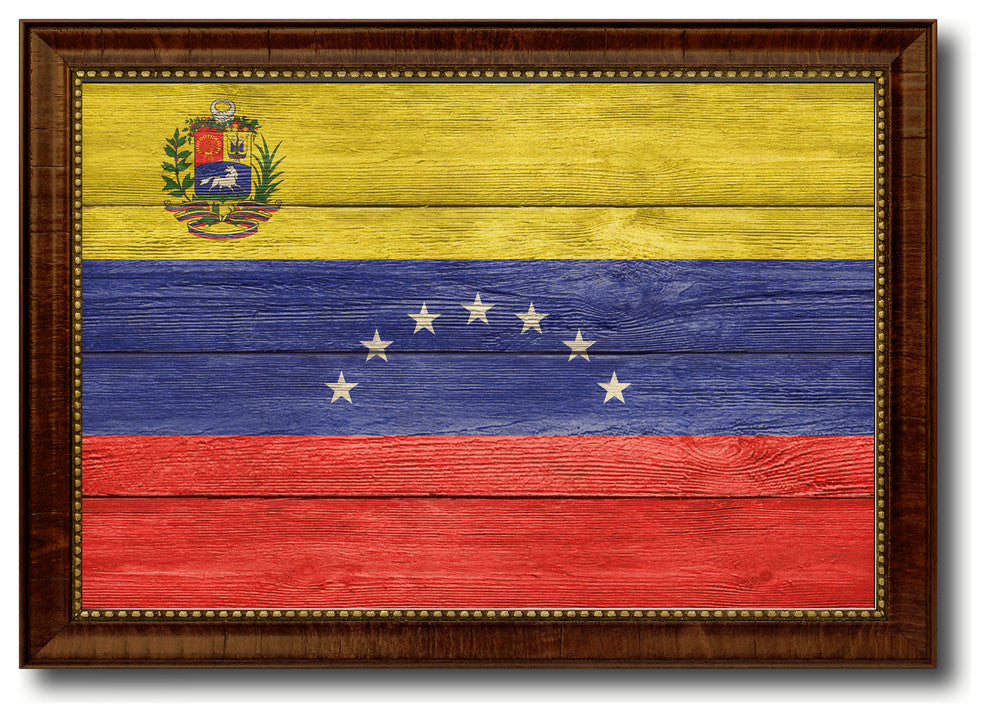 Venezuela Country Textured Flag Print With Brown Gold Frame, 19"X27"