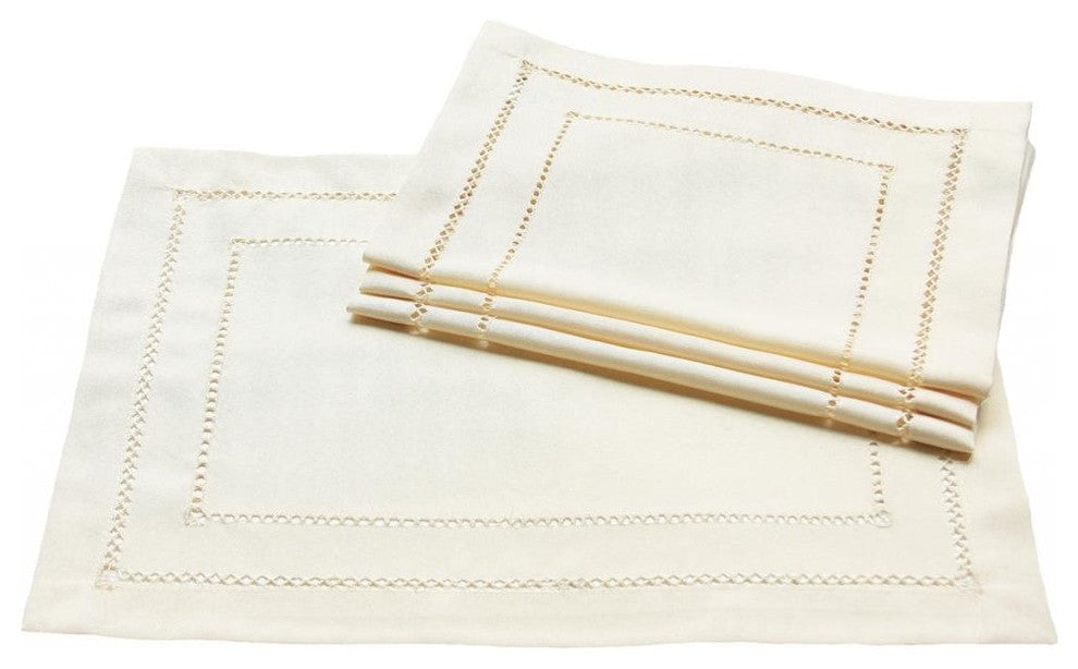 Handmade Double Hemstitch Easy Care Placemat, 13"x19", Ivory, Set of 4