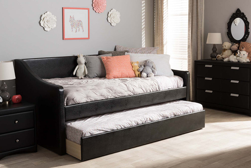 Abby Fabric Upholstered Daybed With Trundle Bed, Black