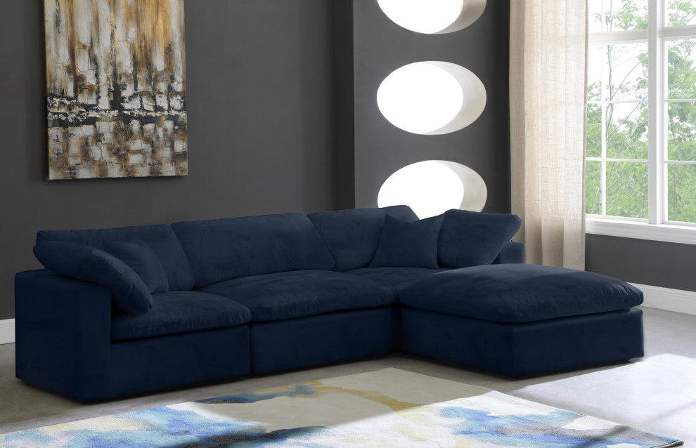 Cozy Velvet Upholstered Comfort L-Shaped Modular Sectional, Navy, 4-Piece: 1 Armless Chair, 2 Corner Chair, 1 Ottoman