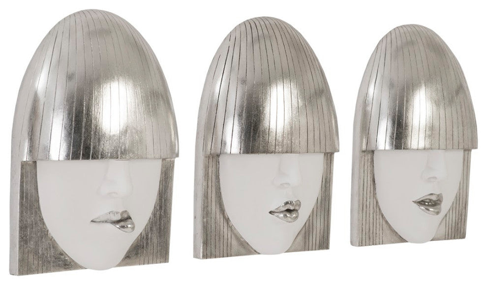 Fashion Faces Wall Tiles, 3-Piece Set, Silver Leaf
