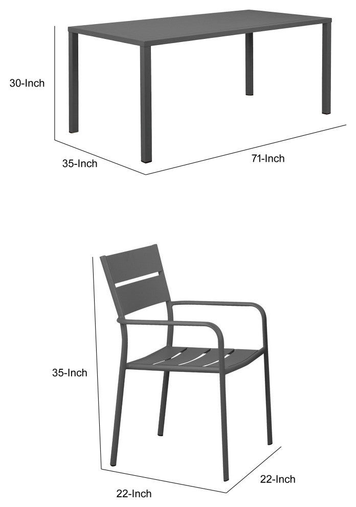 Benzara BM287804 Outdoor Dining Table, Chairs Set, Gray, Plank Seats and Backs