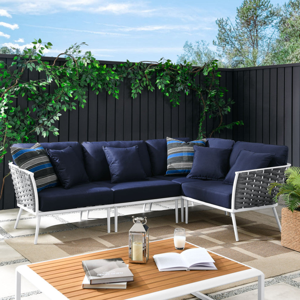 Lounge Sectional Sofa Chair Set, Navy White, Aluminum, Modern, Outdoor Patio
