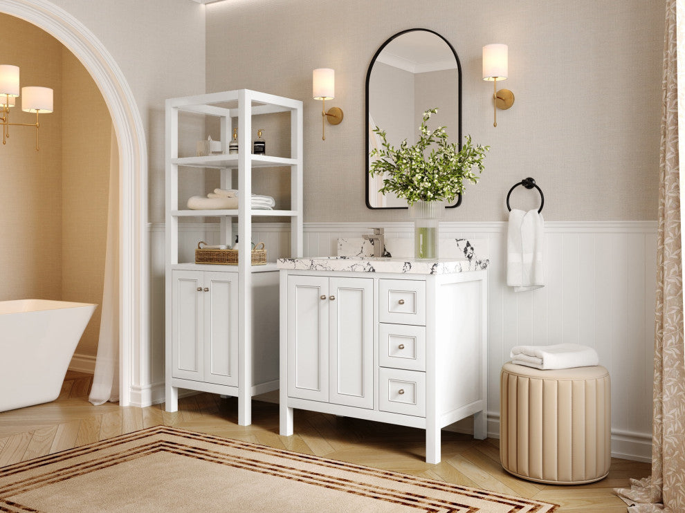 Nashville 36" Left Offset Bath Vanity, White 2" Calacatta Nuvo