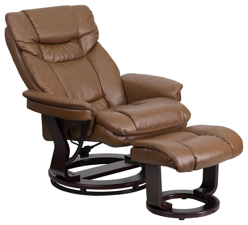 Palimino Leather Recliner and Ottoman With Swiveling Mahogany Wood Base