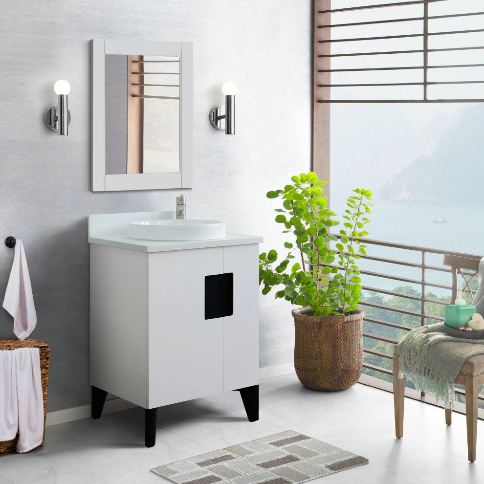 25" Single Sink Vanity, White Finish With Engineered Stone Top And Round Sink