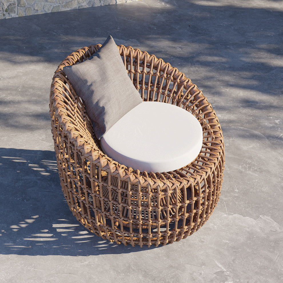 Austen Rattan Outdoor Barrel Chair Nest Shape Sidechair with Cushion in Brown
