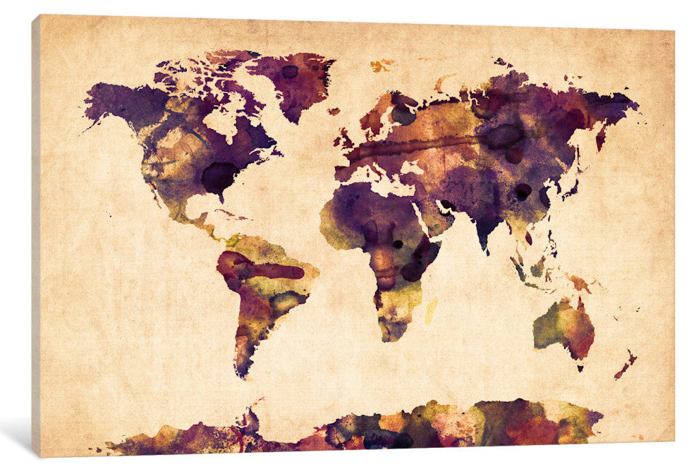 "Urban Watercolor World Map VI" by Michael Tompsett, 26x18x1.5"