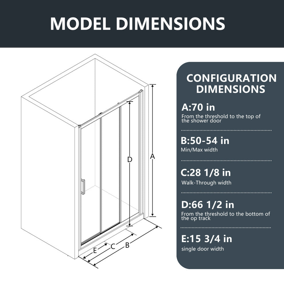 3-Panel Sliding Semi-Frameless Shower Door in Matte Black Finish, 54"x70"