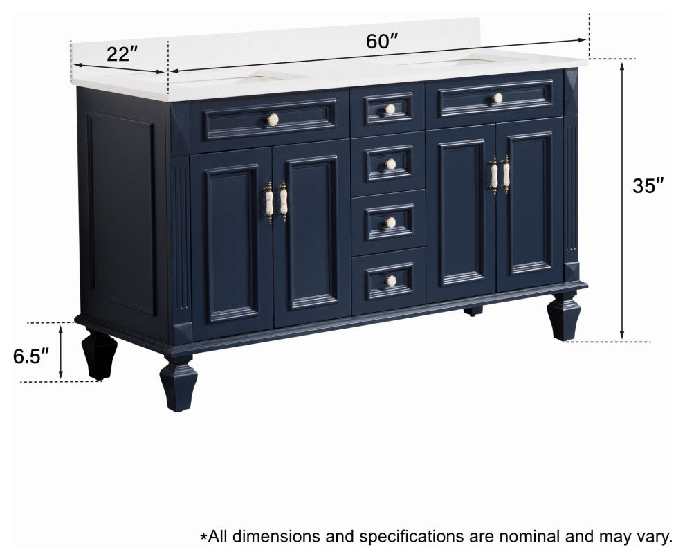 Solid Wood Bathroom Vanity with Quartz Top and cUPC Certified Sink, Navy Blue, 60 Inch
