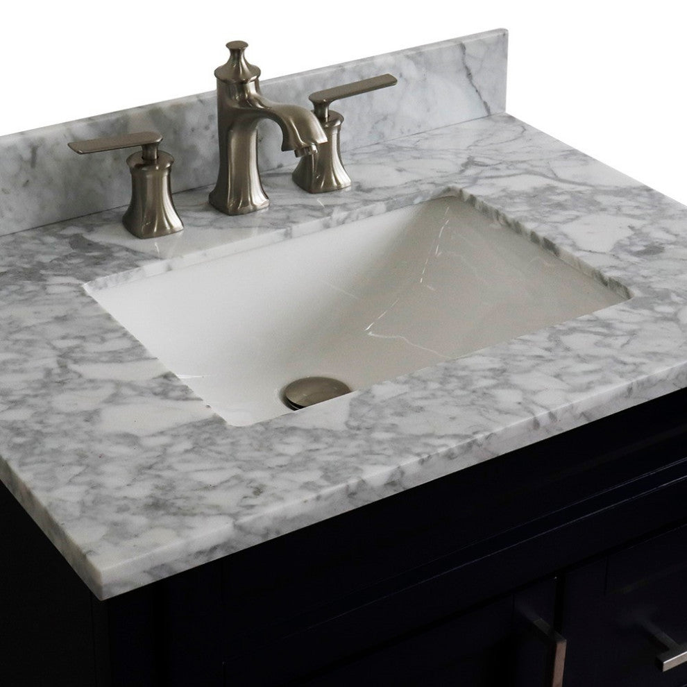31" Single Sink Vanity, Blue Finish With White Carrara Marble