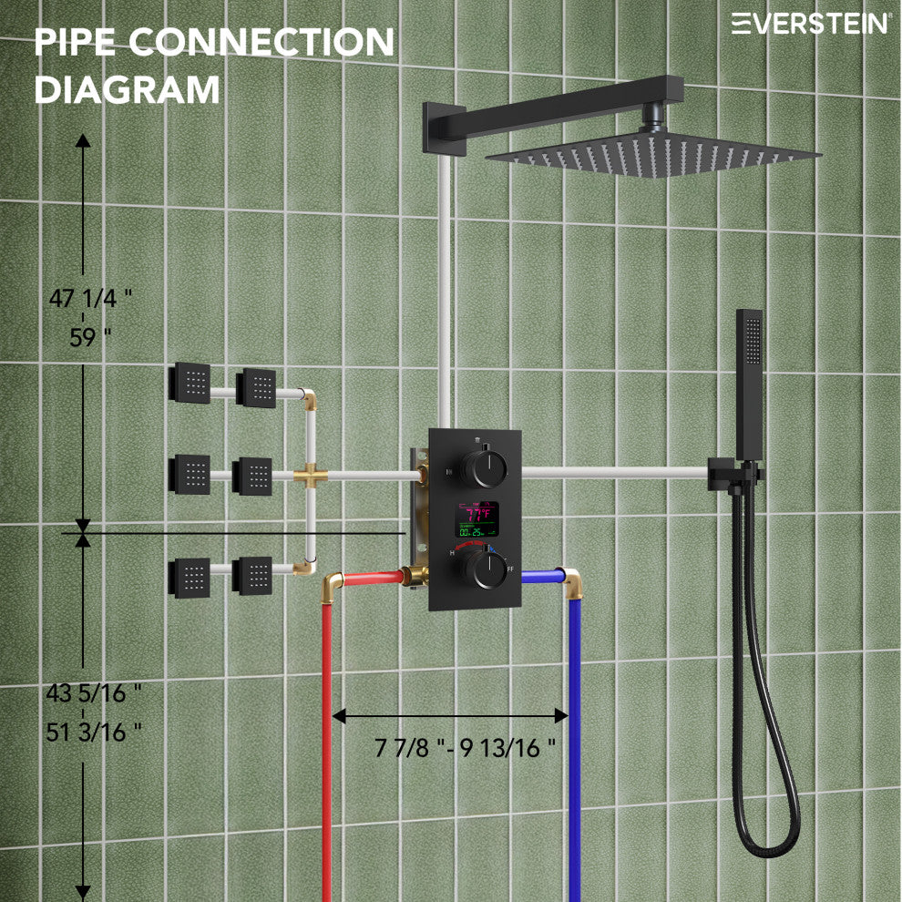 LED Temperature Digital Display Shower System With Body Jets, Matte Black, 12 Inches