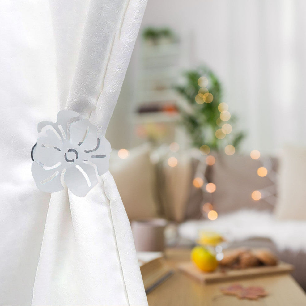 Set of 2 Metal Curtain Tiebacks "“ Elegant Poppy Flower Design Clip, White