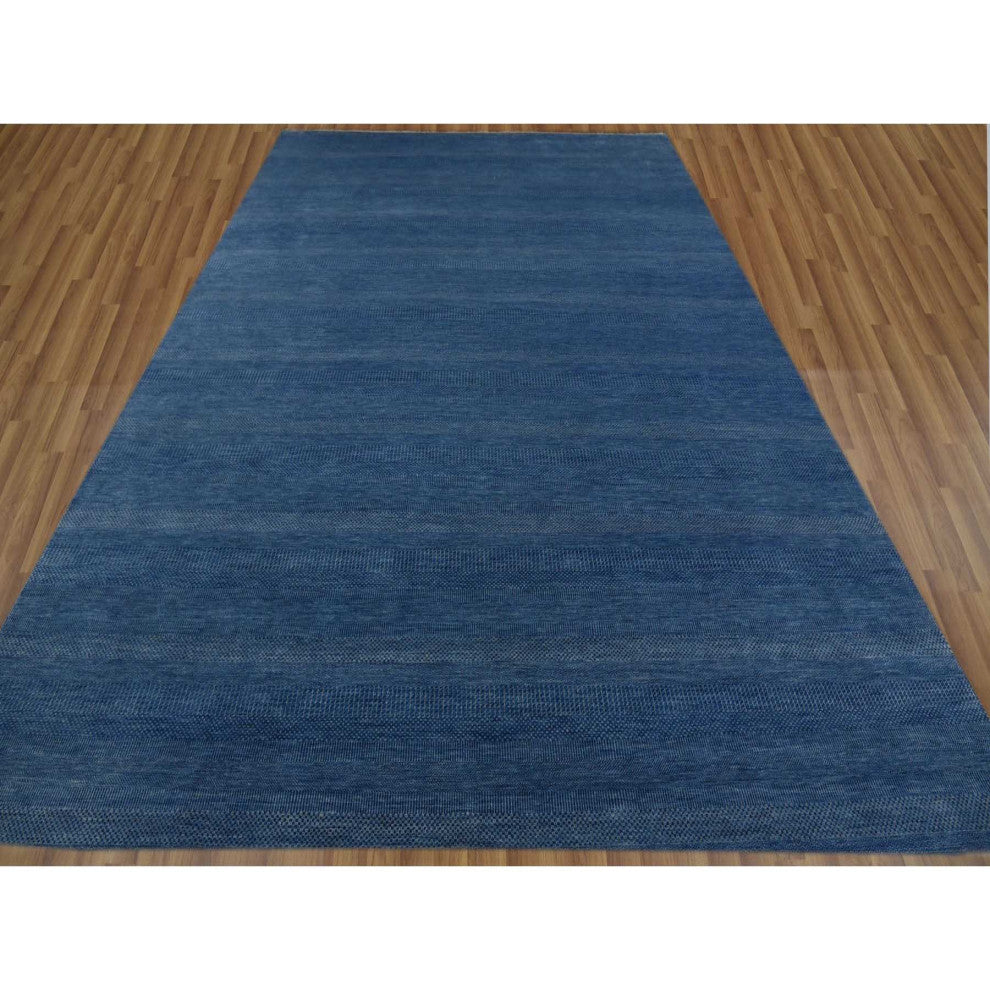Dark Sapphire Hand Knotted Grass Design Wool and Silk Oversized Rug, 12'x18'