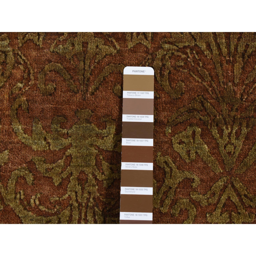Brown, Abarasque Design, Wool and Silk Hand Knotted Runner Rug, 2'5"x11'4"