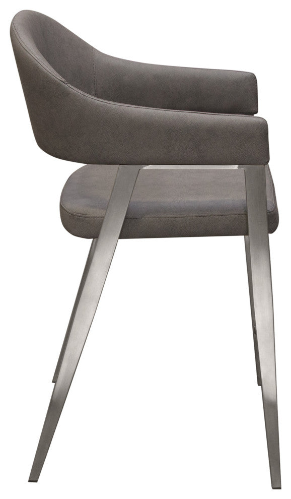 Counter Height Chairs, Set of 2, Gray Leatherette, Brushed Steel Leg