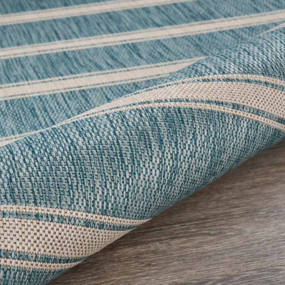 8" x 10" Teal Striped Indoor Outdoor Area Rug