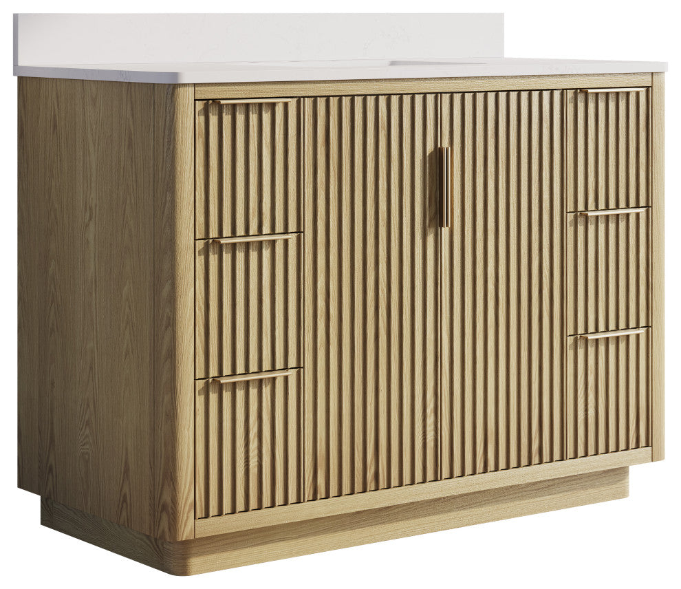 Solid Wood Freestanding Bathroom Vanity with White Quartz Top and Backsplash, 48"