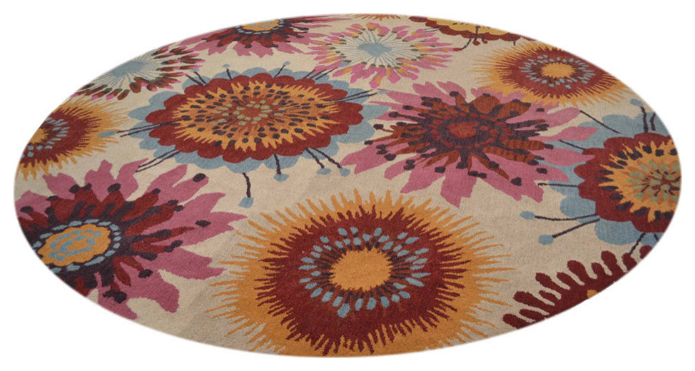 HAND TUFTED WOOL ECO-FRIENDLY AREA RUGS- Round,Cream,Floral