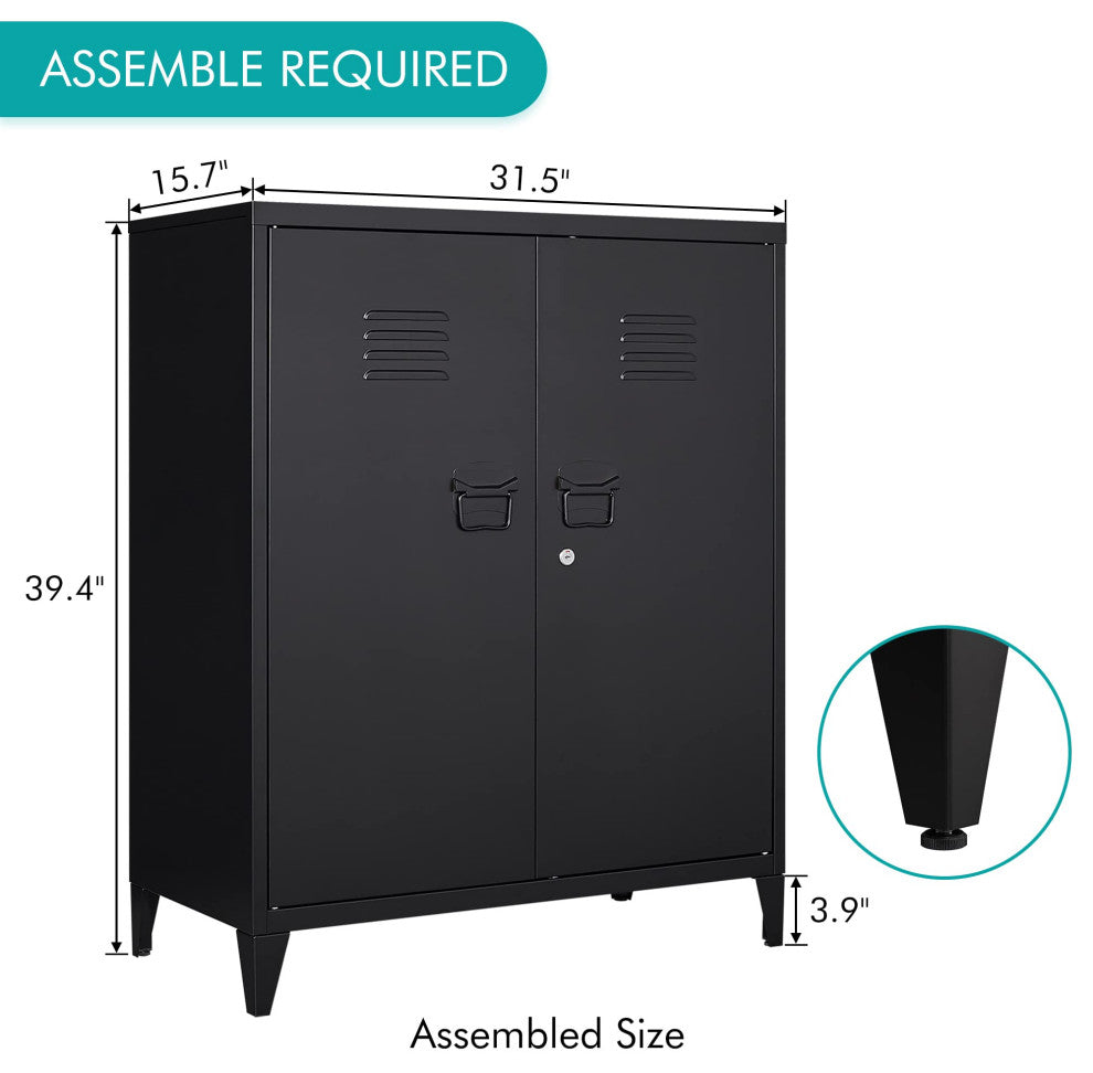 Metal Storage Cabinet, 2 Doors & 2 Shelves, 35.5", Black, With Legs