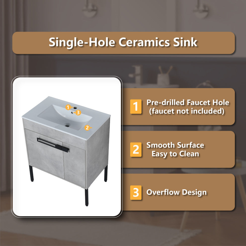 Freestanding/Floating Bathroom Vanity With white Ceramics Top, Grey, 30"
