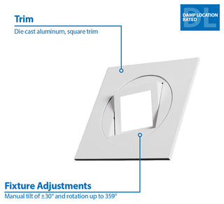 4" White Square Multi-Adjustable Recessed LED Downlight, 2700k