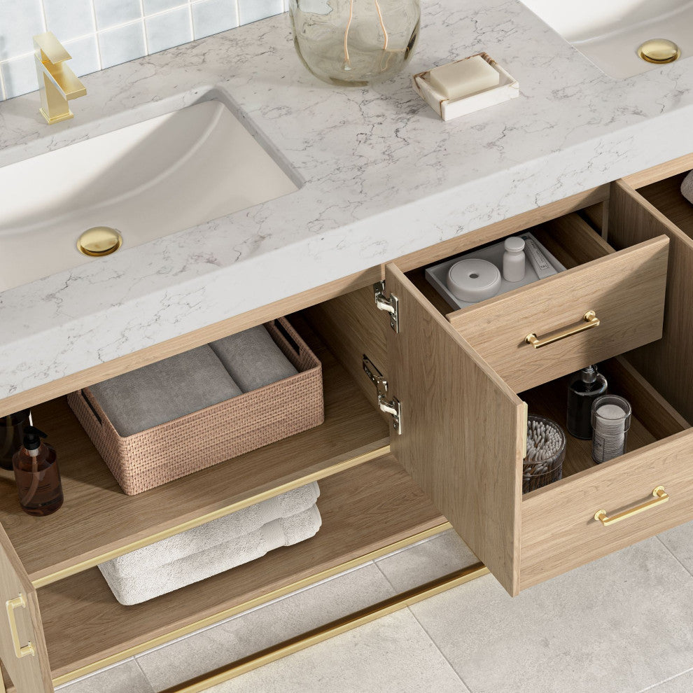 Bahia Bath Vanity, Oak, 72", Brushed Gold Hardware, Double, Freestanding