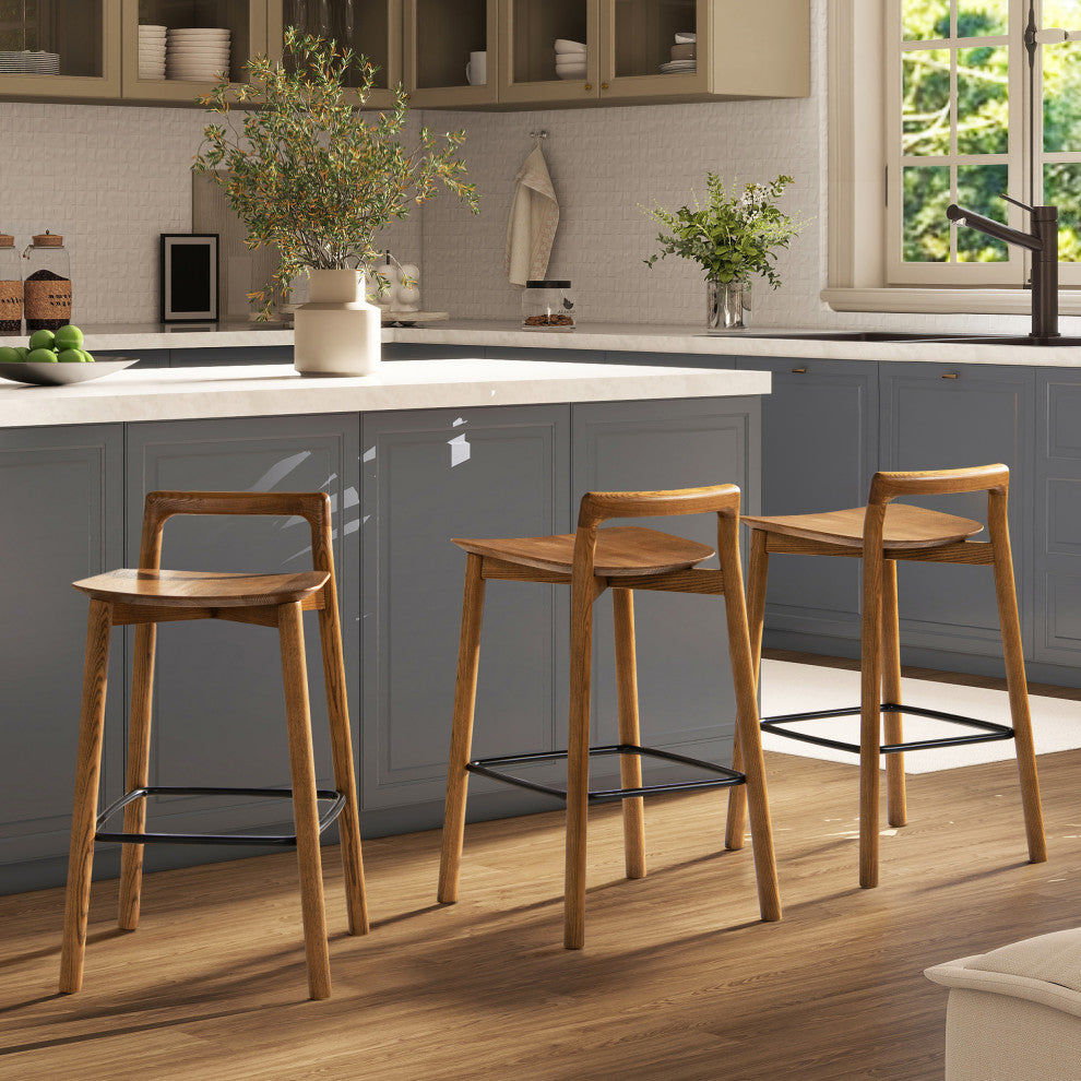 Sven 26.5" Low Back Solid Ash Wood Counter Stool, Dark Brown Walnut