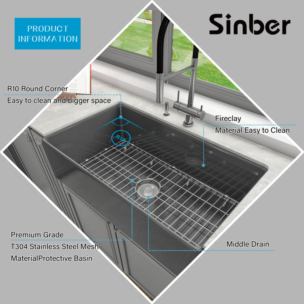 Sinber Farmhouse Apron Single Bowl Kitchen Sink with Fireclay 2 Accessories, Black, 36" X 20"
