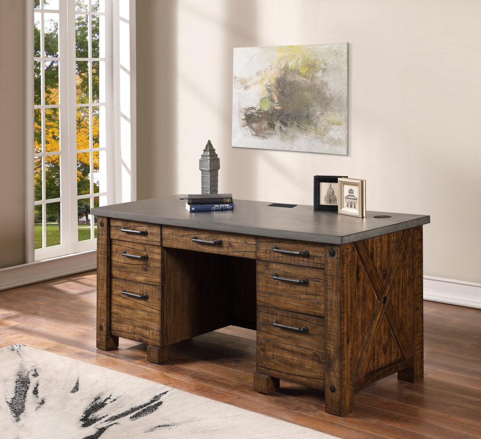 Rustic Home Office Desk, Office Table, Credenza, Fully Assembled, Brown