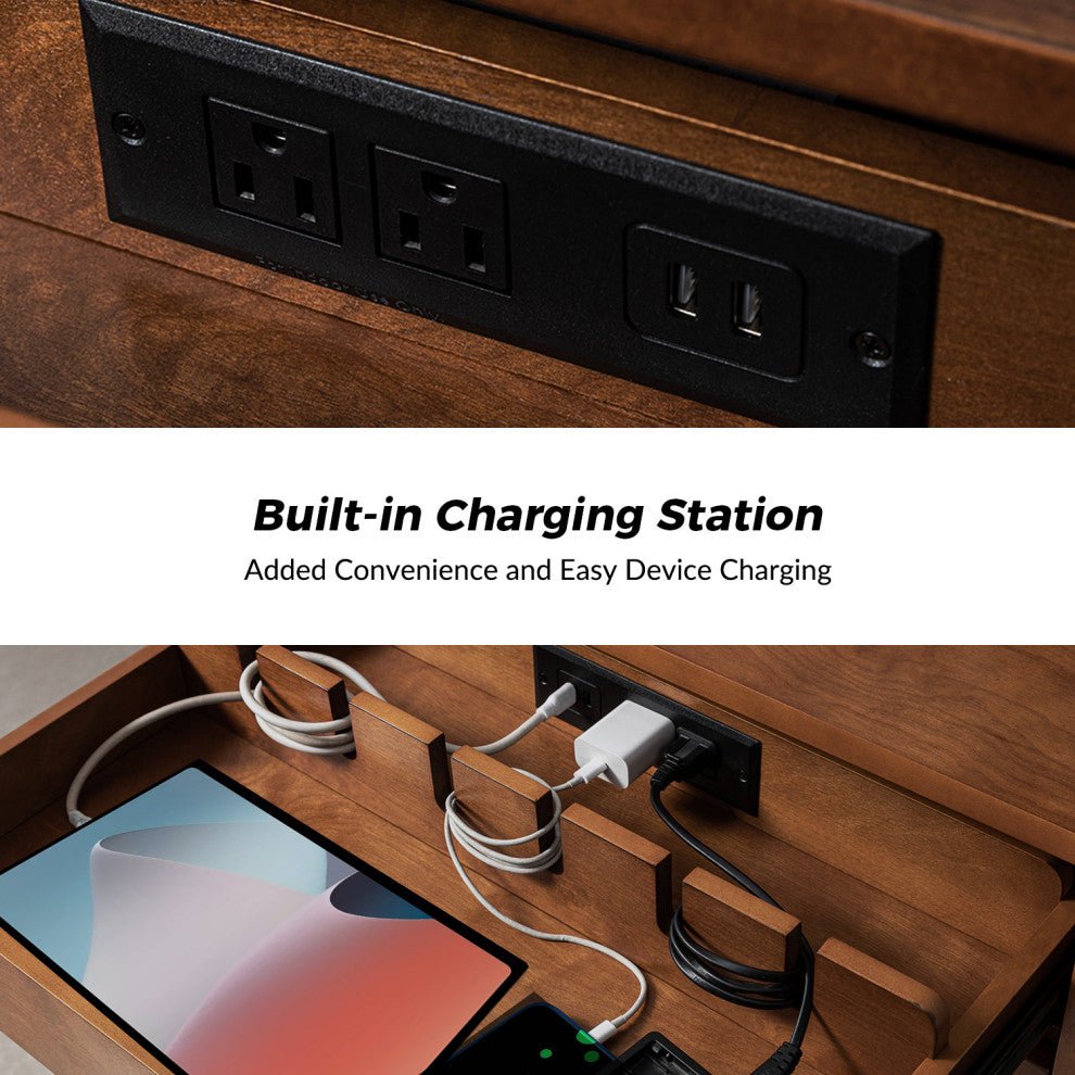 Mid-Century Modern 3-Drawer Nightstand With Charging Station, Walnut
