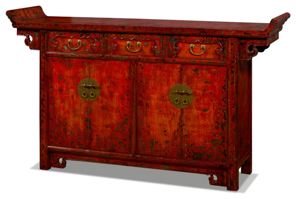 Vintage Elmwood Distressed Orange Red Altar Style Oriental Sideboard