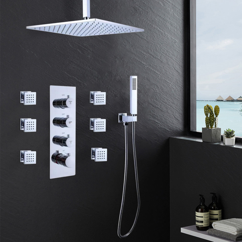 Thermostatic Shower System With Hand Shower and 6 Body Sprays, Chrome